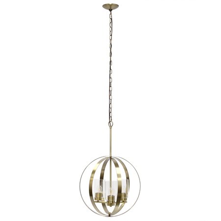 LALIA HOME 3-Light 18" Adjustable Industrial Globe Hanging Metal and Clear Glass Ceiling Pendant, Antique Brass LHP-3010-AB